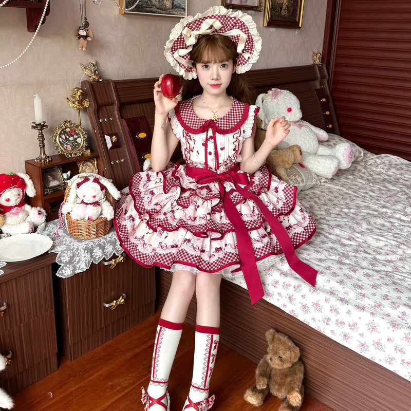 Sweet Vending - Cherries Are Ripe - Red Three-Tier JSK Dress with Cherry Motifs