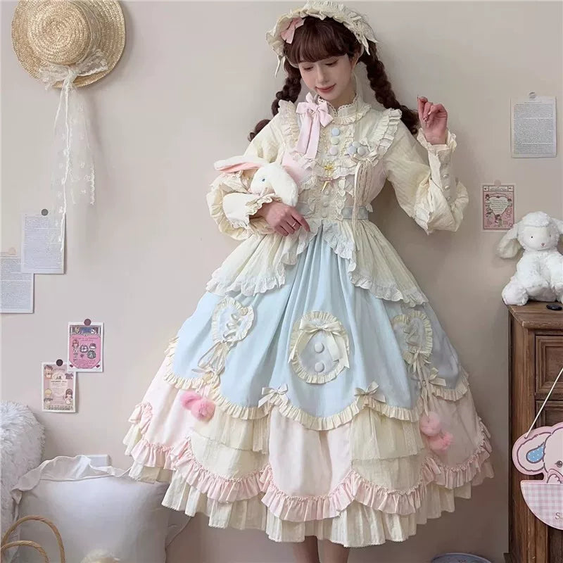 Tianxin Dreamscape - Mianmian Macaron - Solid-Colour OP Dress with Layered Lace Trim