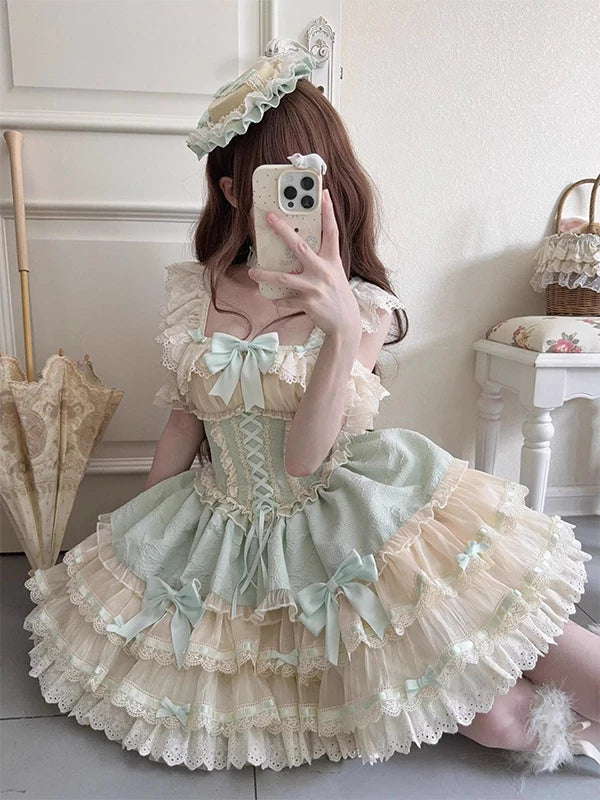 Close-up of the JSK's sweetheart neckline with pale blue bow, corset lacing, and lace trim
