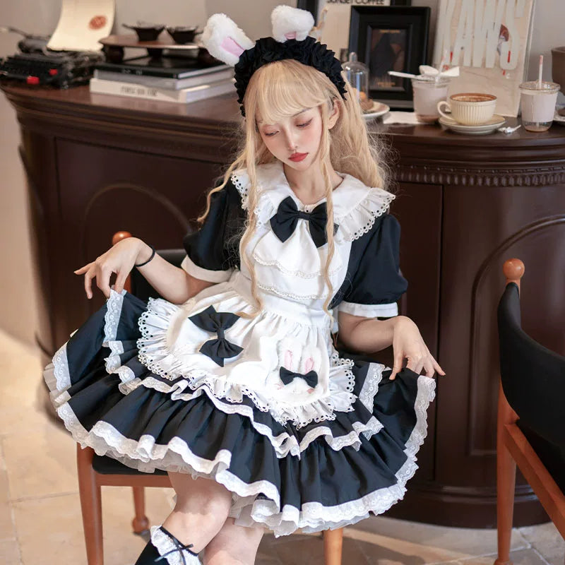 Leopard cat-themed OP maid dress by Lolita Fetch featuring a stylish black and leopard print design.
