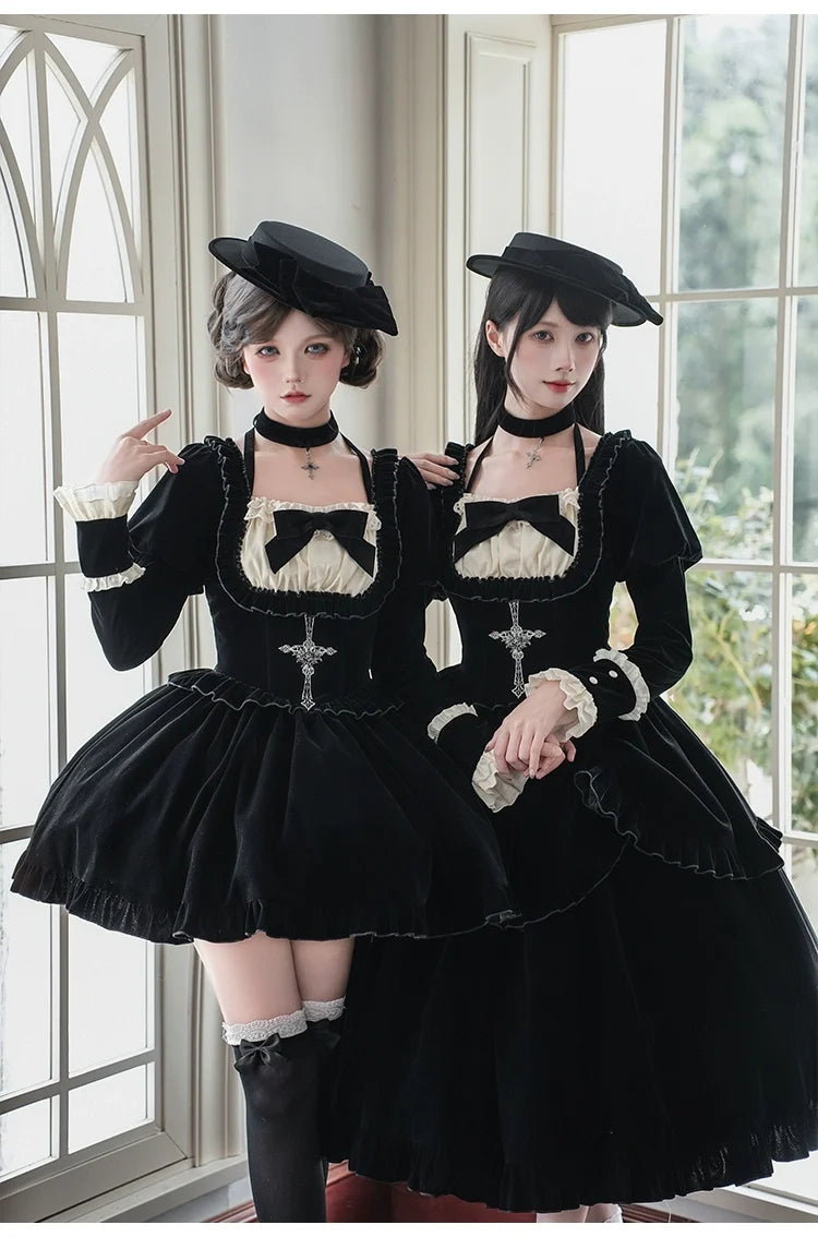 With PUJI - Apocalypse - Gothic Lolita Velvet OP Dress Set, Fishbone Waist