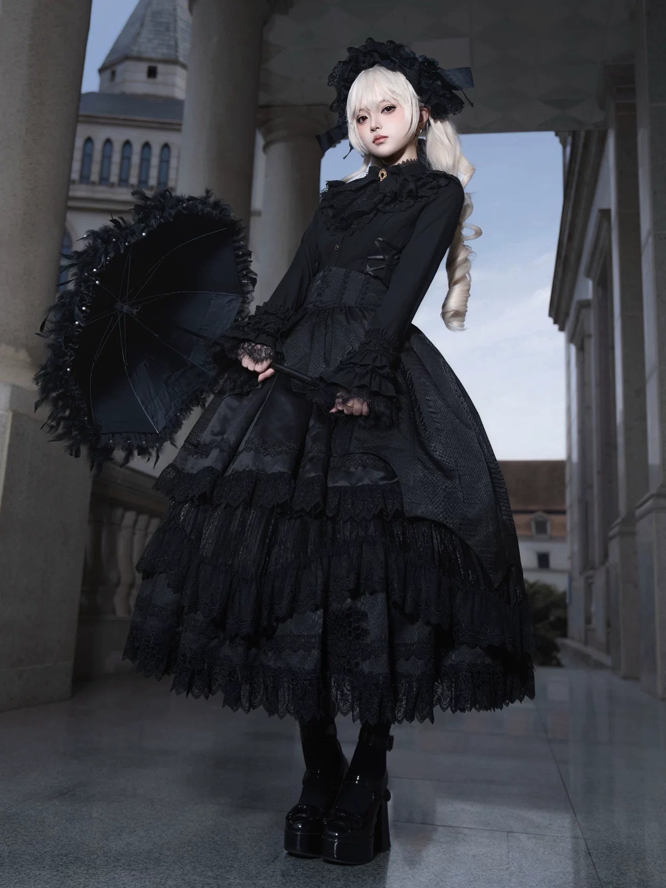 DMFS Lolita - Broken Winged Bat - Gothic Lolita Shirt & SK Set, Bat-wing Shaped Hem