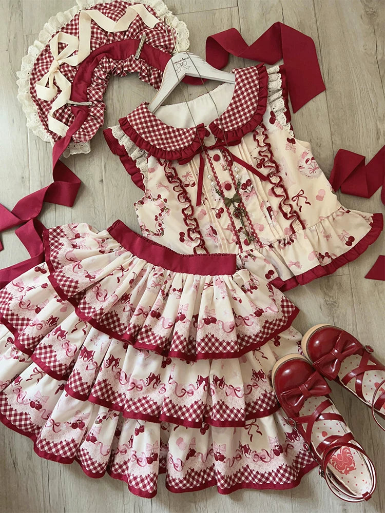 Cream and red cherry-print top-and-skirt set with gingham ruffles