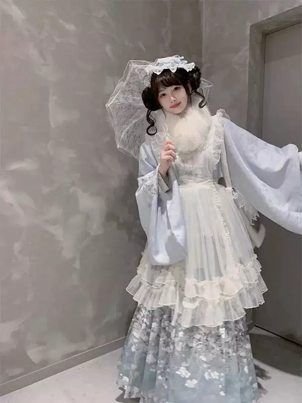 Front view of blue sweet lolita coord set with pipa sleeves, mamian skirt, faux fur collar, and sheer skirt overlay
