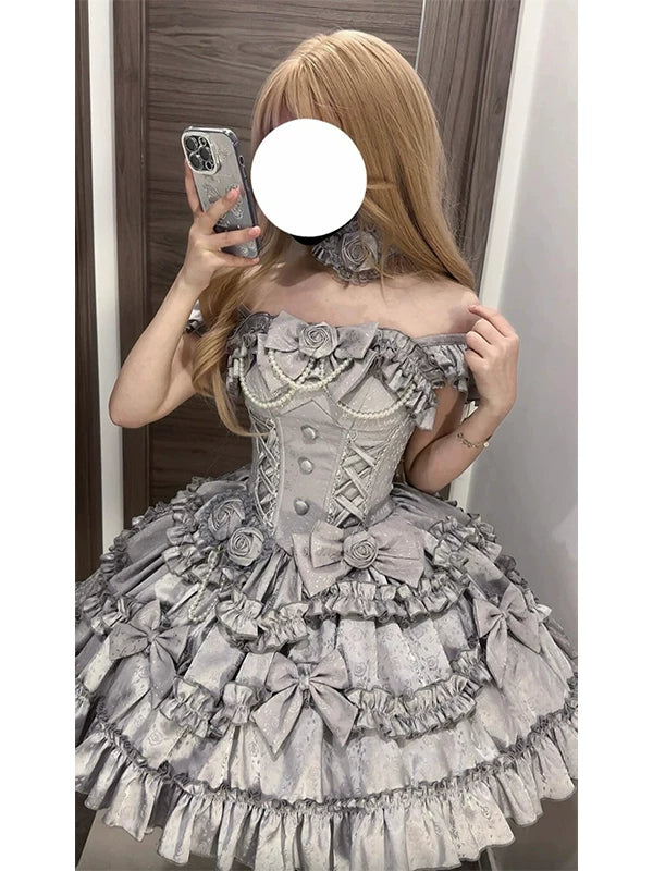 Creamy - Silver Rose Gothic - Lolita fashion with rose appliqués and a tiered ruffled skirt
