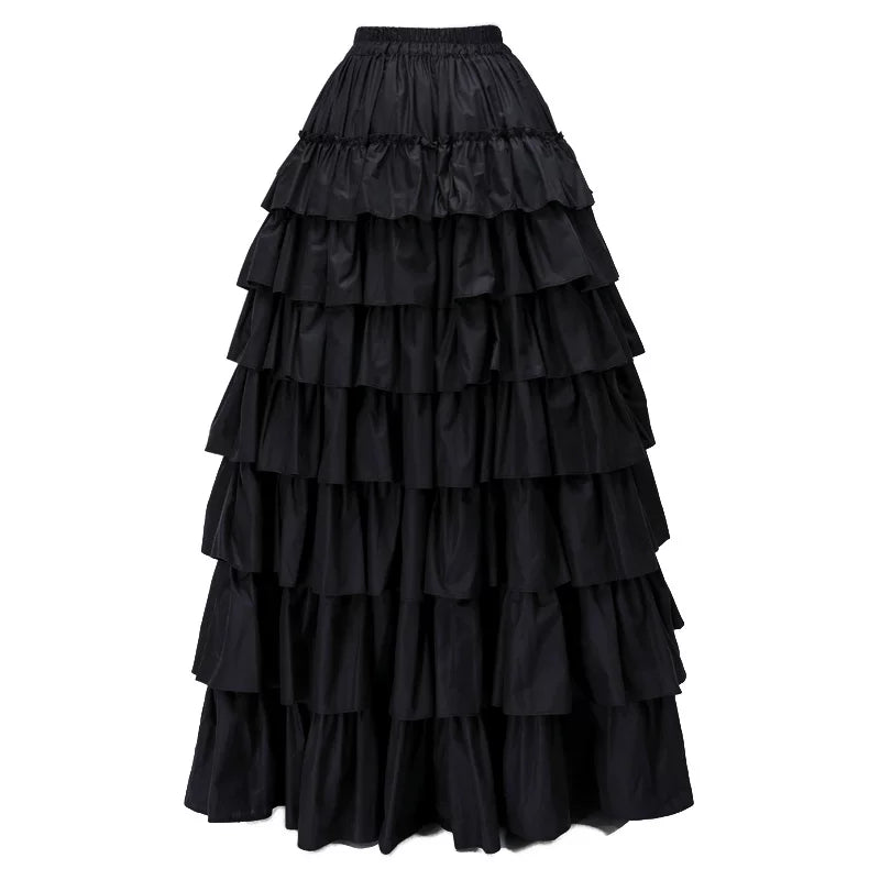 Black velvet Lolita suit with a large bow and full striped skirt on a model