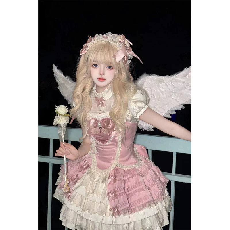 Creamy - Magical Girl - Pink blouse-and-skirt set with a ribboned bustier bodice