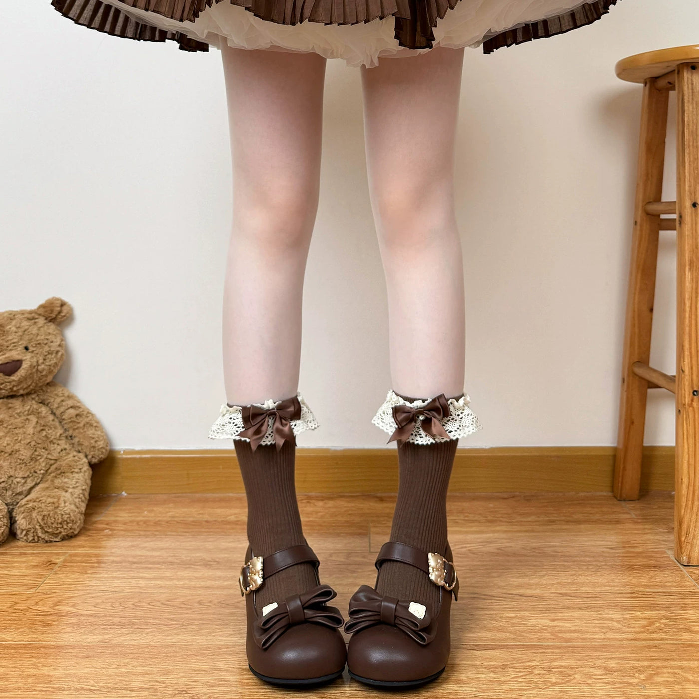 Chubby Bear Tales - Caramel Cocoa - Mid-Calf Socks with Lace Bows