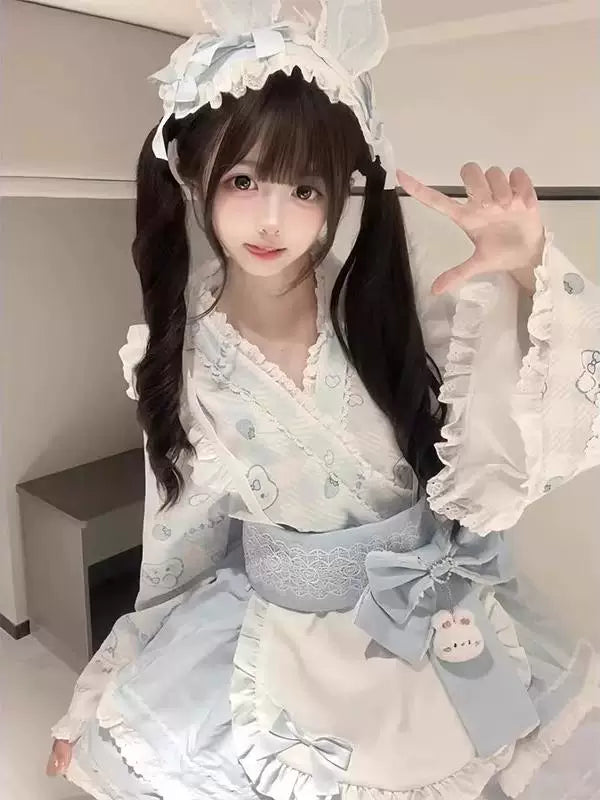 Blue-and-white Japanese-style Lolita set with hairband