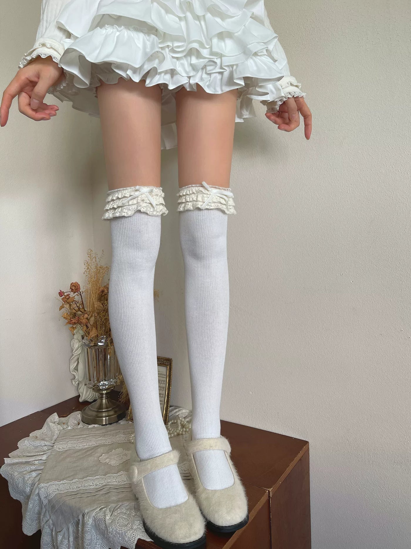 Sock Noble - Cream Lace Cake - Over-the-knee and mid-calf socks with layered lace bows