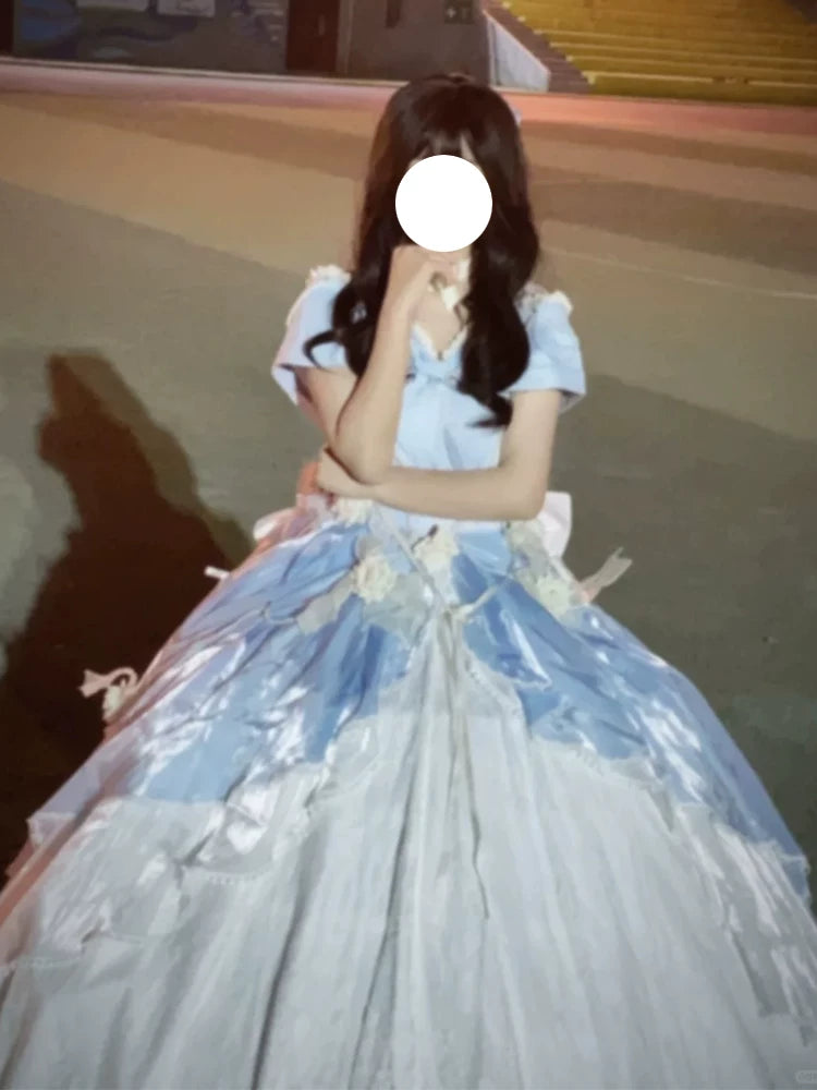 Flora Muse - Rose Encounter Lolita Ball Gown - Blue off-shoulder