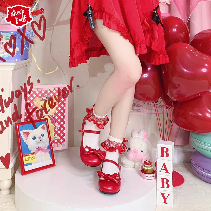 Sheep Puff Valentine Rounded Bow Mary Jane Shoes featuring cute sheep puff design and rounded bow detail on black shoes.