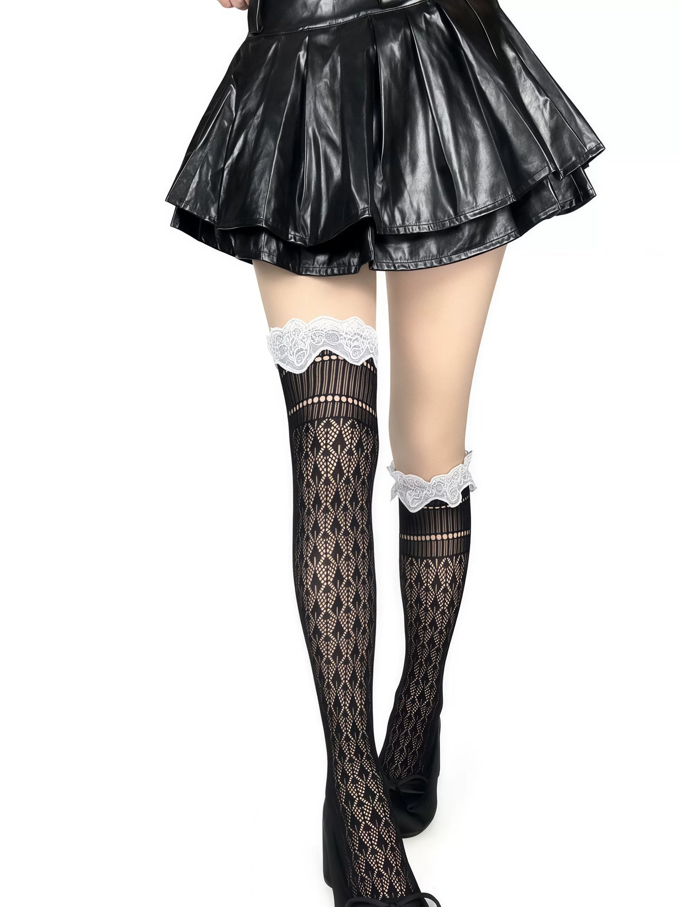 White Socks - Dimensional Lace - Openwork Over-the-Knee Socks with Lace Trim