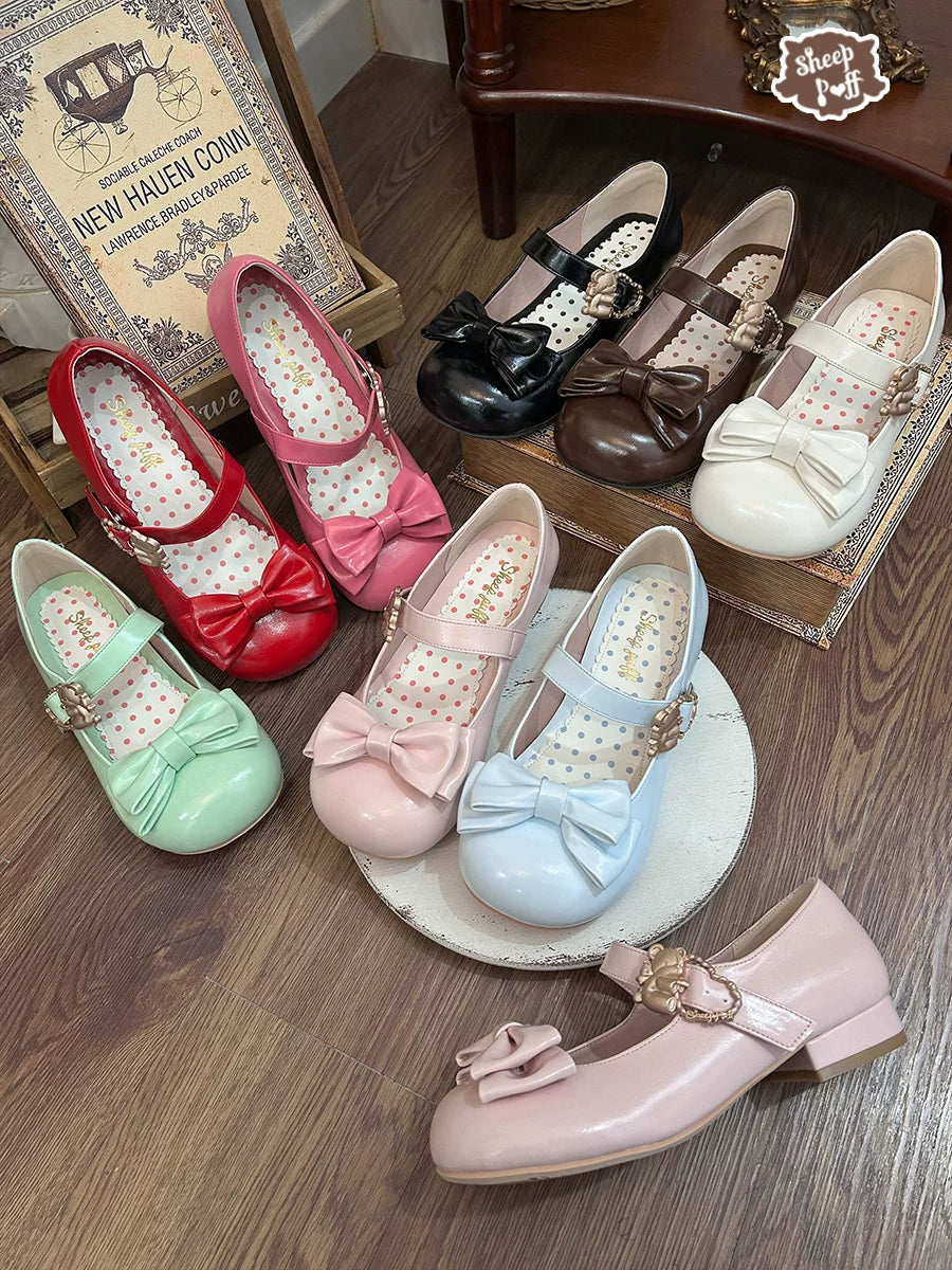Sheep Puff glossy mid-heel Lolita shoes with cute sheep puff and hugging bear design, stylish and feminine footwear.