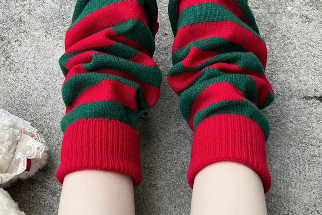 Floral Milk Cat - Christmas Stripe - Leg-Warmer Socks with Red Cuffs