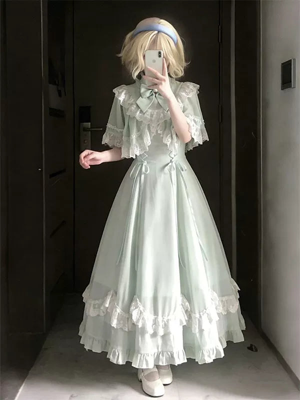 Creamy - Green Apple Lace - OP dress with a lace cape