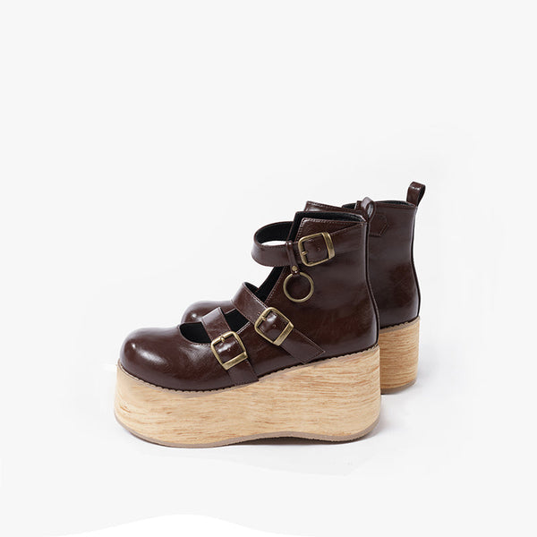 Brown retro Lolita platform shoes with round toes and buckle straps