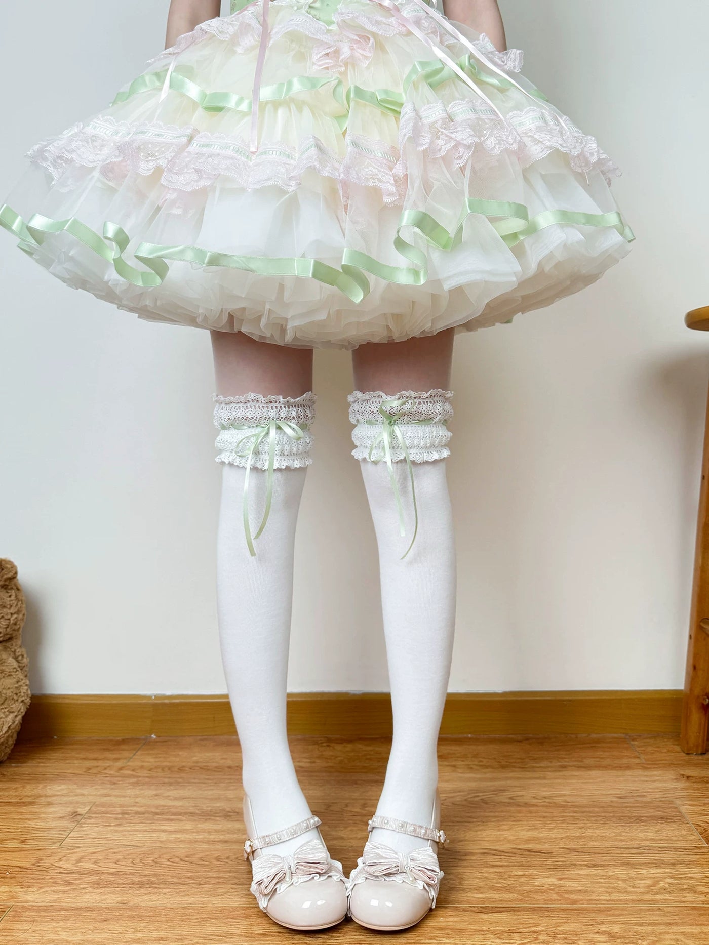 Chubby Bear Tales - Cream Ballet - Lace-Trimmed Socks with Ribbon Ties