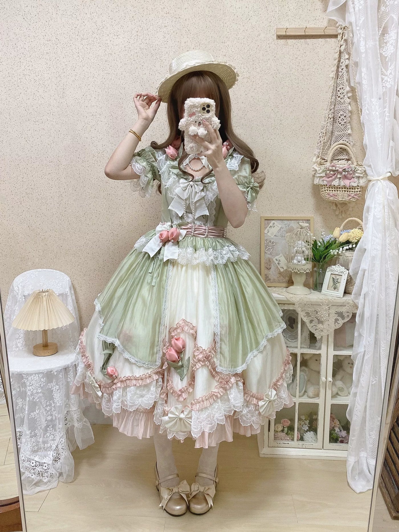 Creamy - Rose Garden Elegance - Green-Pink Lolita Dress with Layered Lace