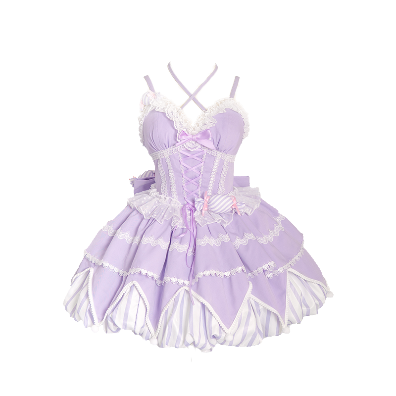 Purple Lolita JSK with a flower-bud hem and large trailing bow