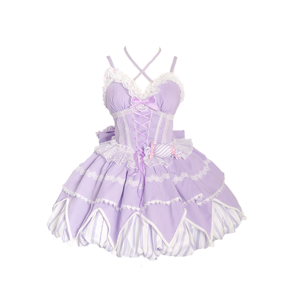 Purple Lolita JSK with a flower-bud hem and large trailing bow