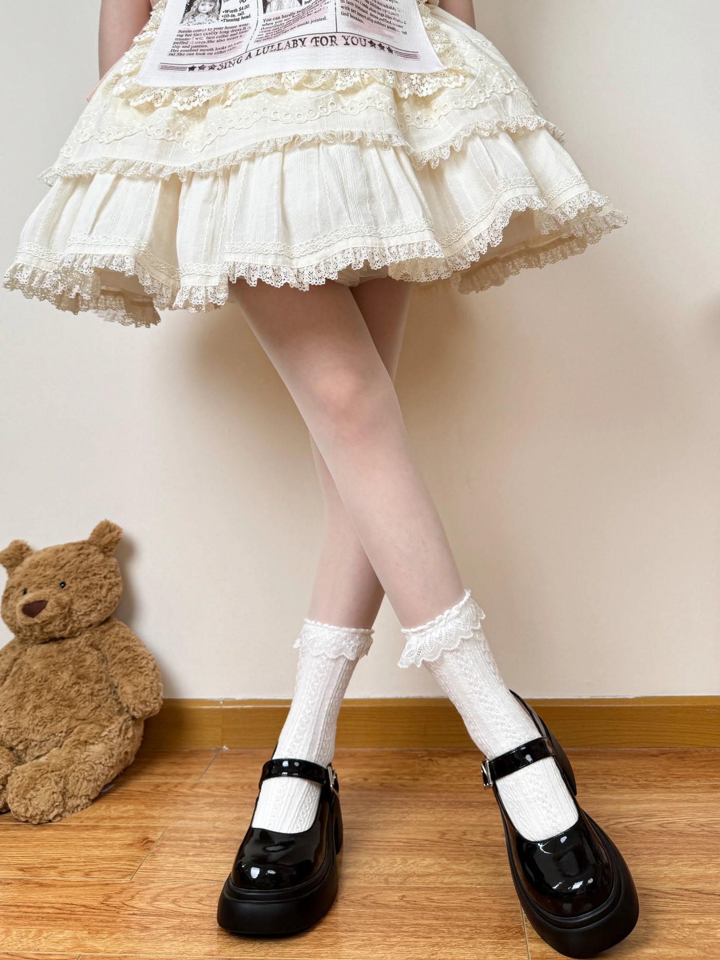 Chubby Bear Tales - Ribbon Keepsake - Cotton Mid-Calf Socks with Lace Trim