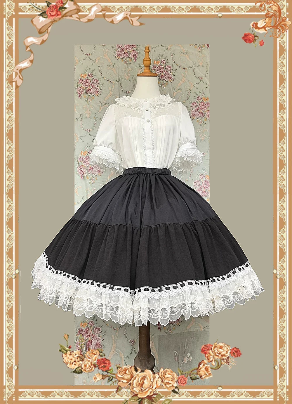 Mirror Doll - Old School Lolita Tiered Hem JSK with Polka Dot Lace Black x White Extended Skirt (one size / choose M) S