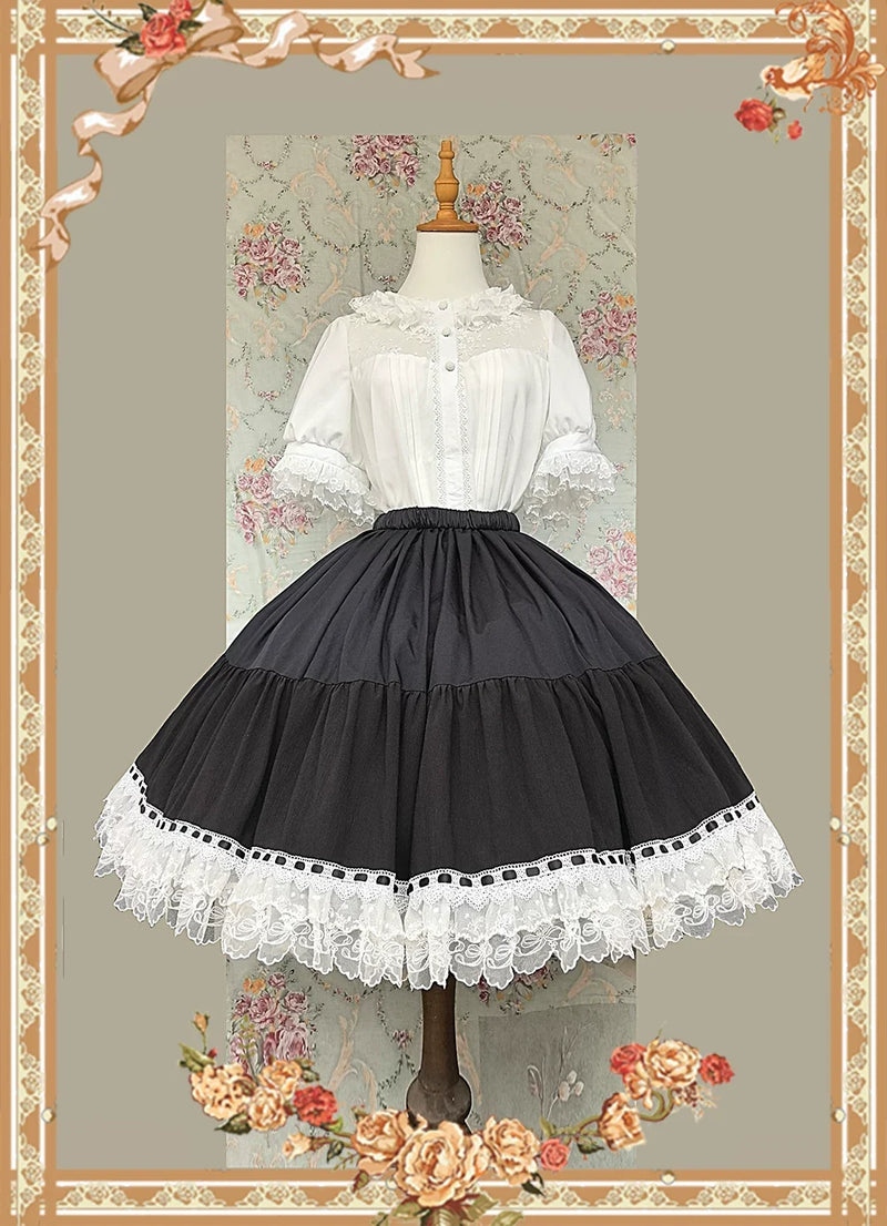 Mirror Doll - Old School Lolita Tiered Hem JSK with Polka Dot Lace Black x White Extended Skirt (one size / choose M) S