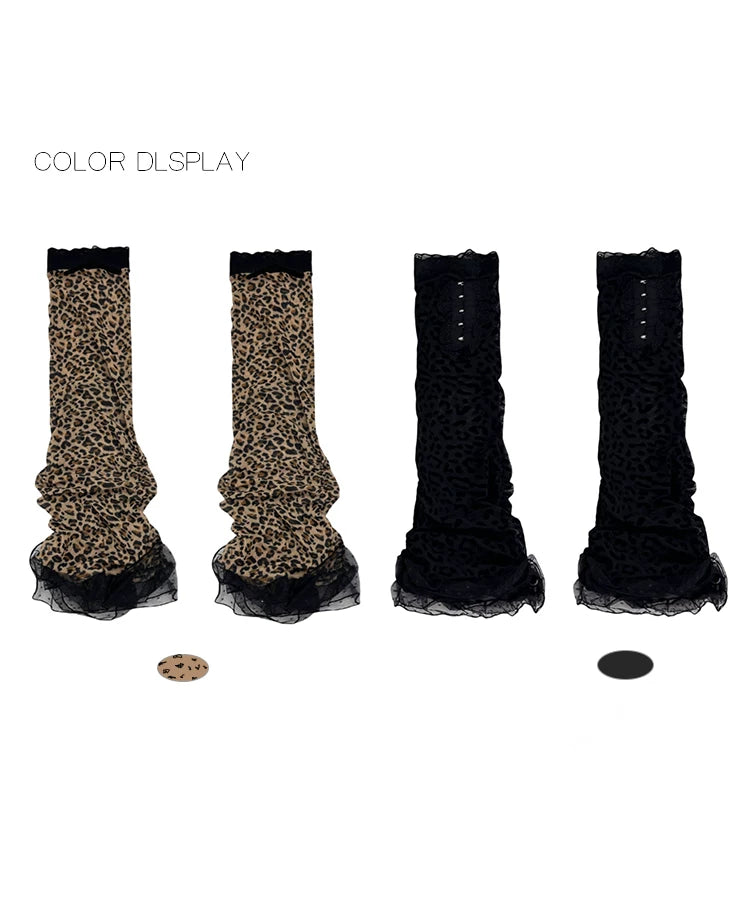 Brown leopard-print and black mesh mid-calf socks shown in a colour display.
