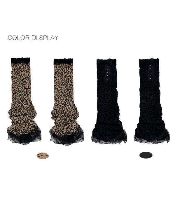 Black leopard-print lace-layer over-the-knee socks with a gathered lower-leg silhouette.