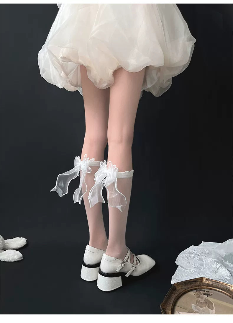 Sock Noble - Crystal Bow - Sheer Mid-Calf Slouch Socks with Bow Detail