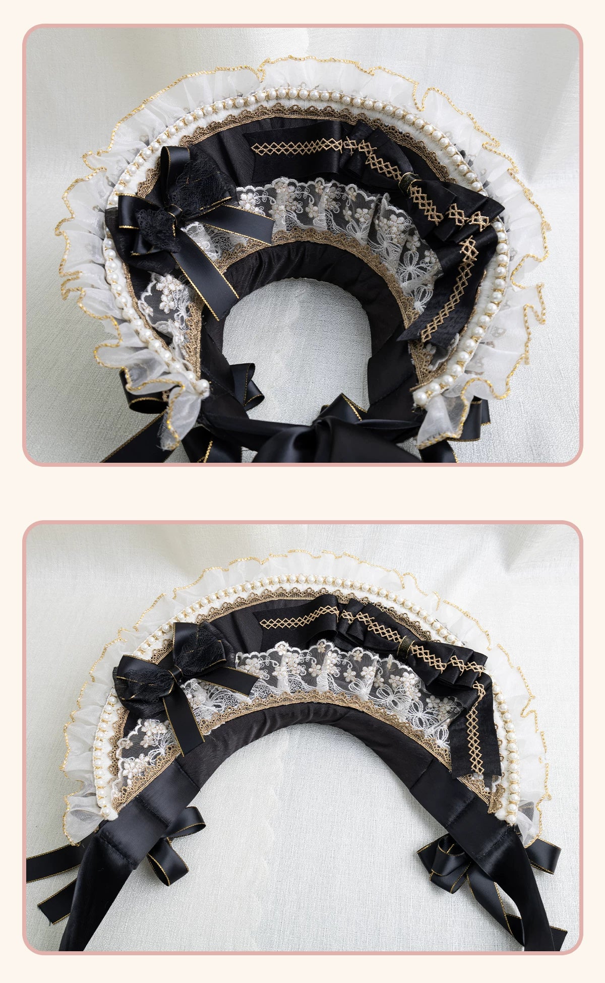 Stardust Rose - Night Banquet - Black-and-Gold Lolita Headwear with Lace and Bows