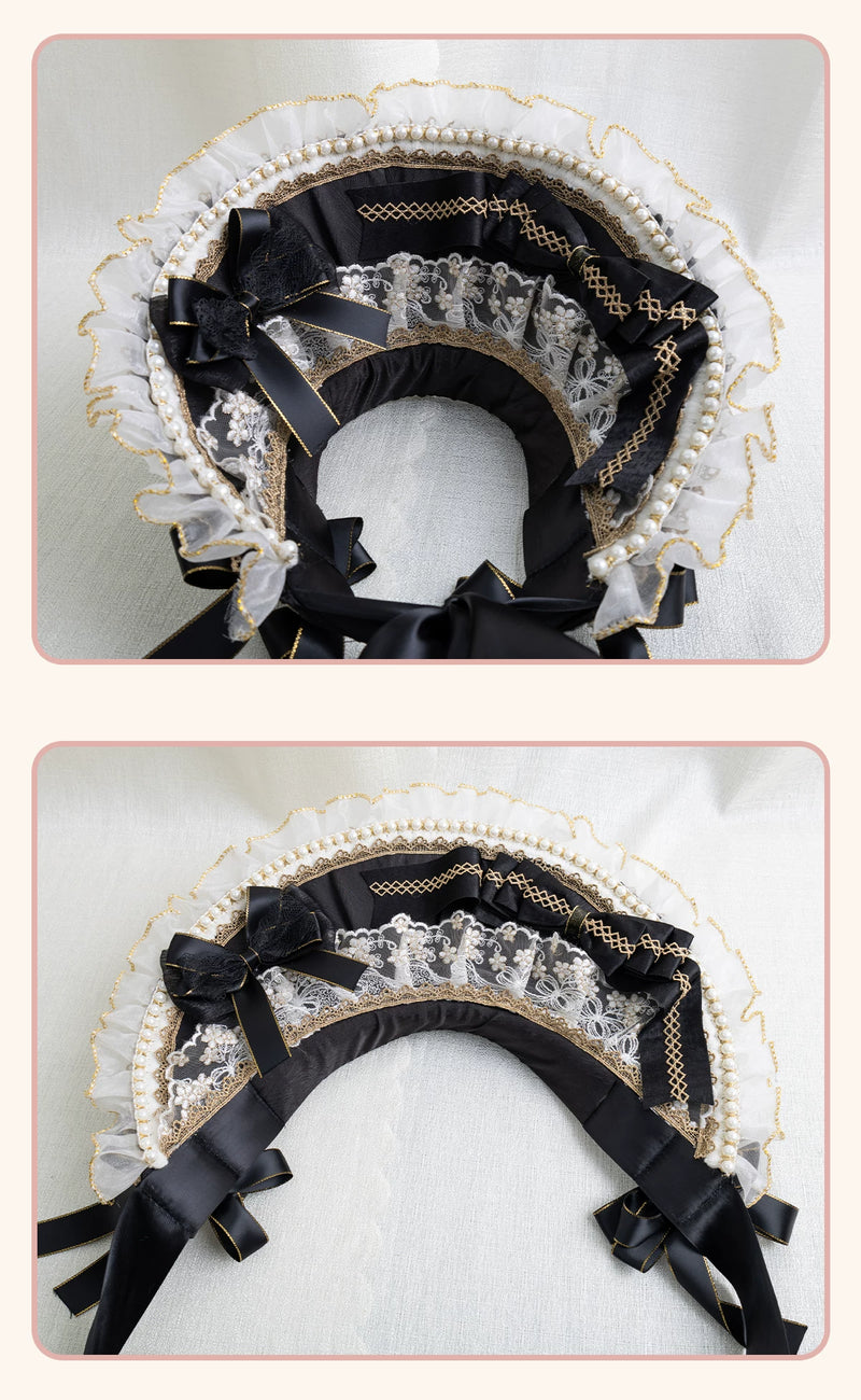 Stardust Rose - Night Banquet - Black-and-Gold Lolita Headwear with Lace and Bows