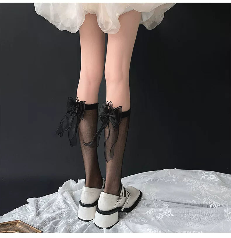 Sock Noble - Crystal Bow - Sheer Mid-Calf Slouch Socks with Bow Detail