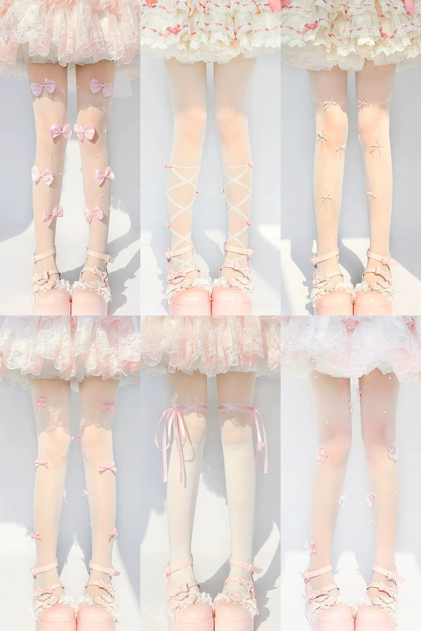 Six pink-accented Lolita pantyhose styles displaying bows, flowers, straps and plaid details