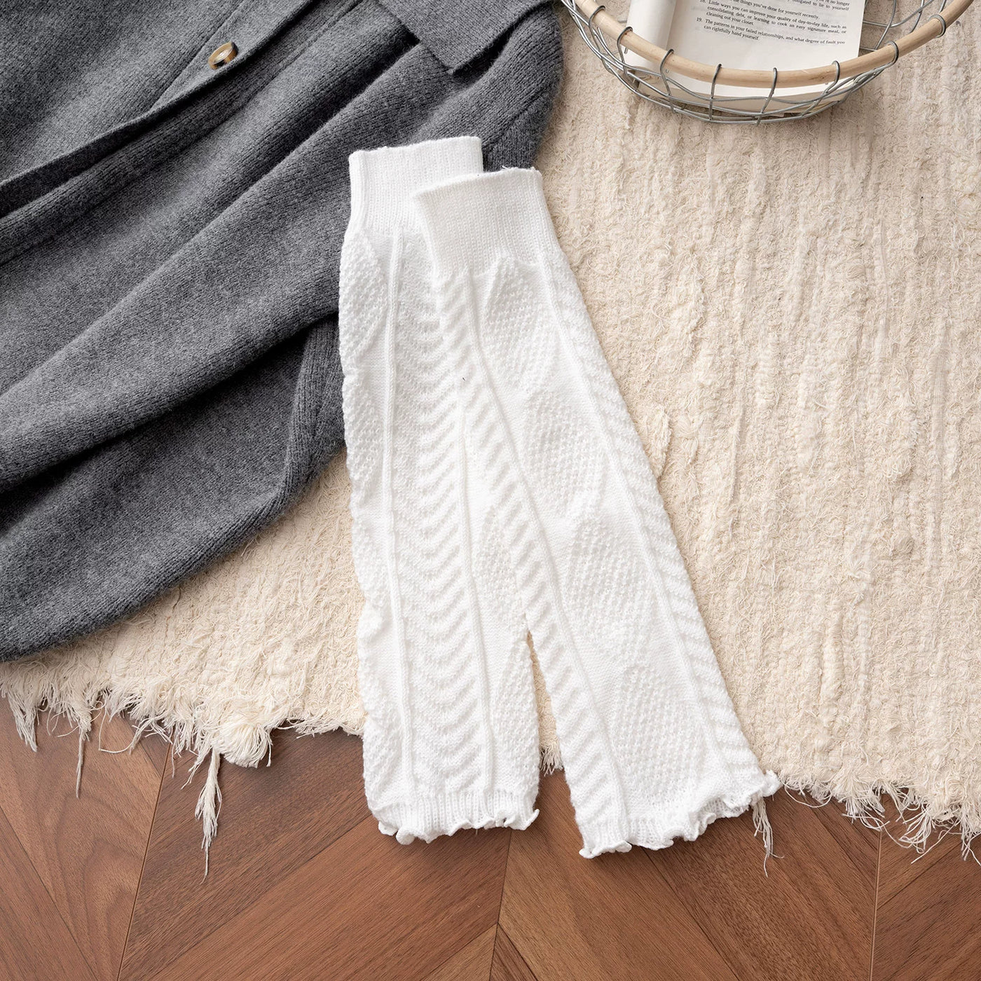 Beige ribbed knit Lolita leg warmers with ruched ankle detail, mid-calf length
