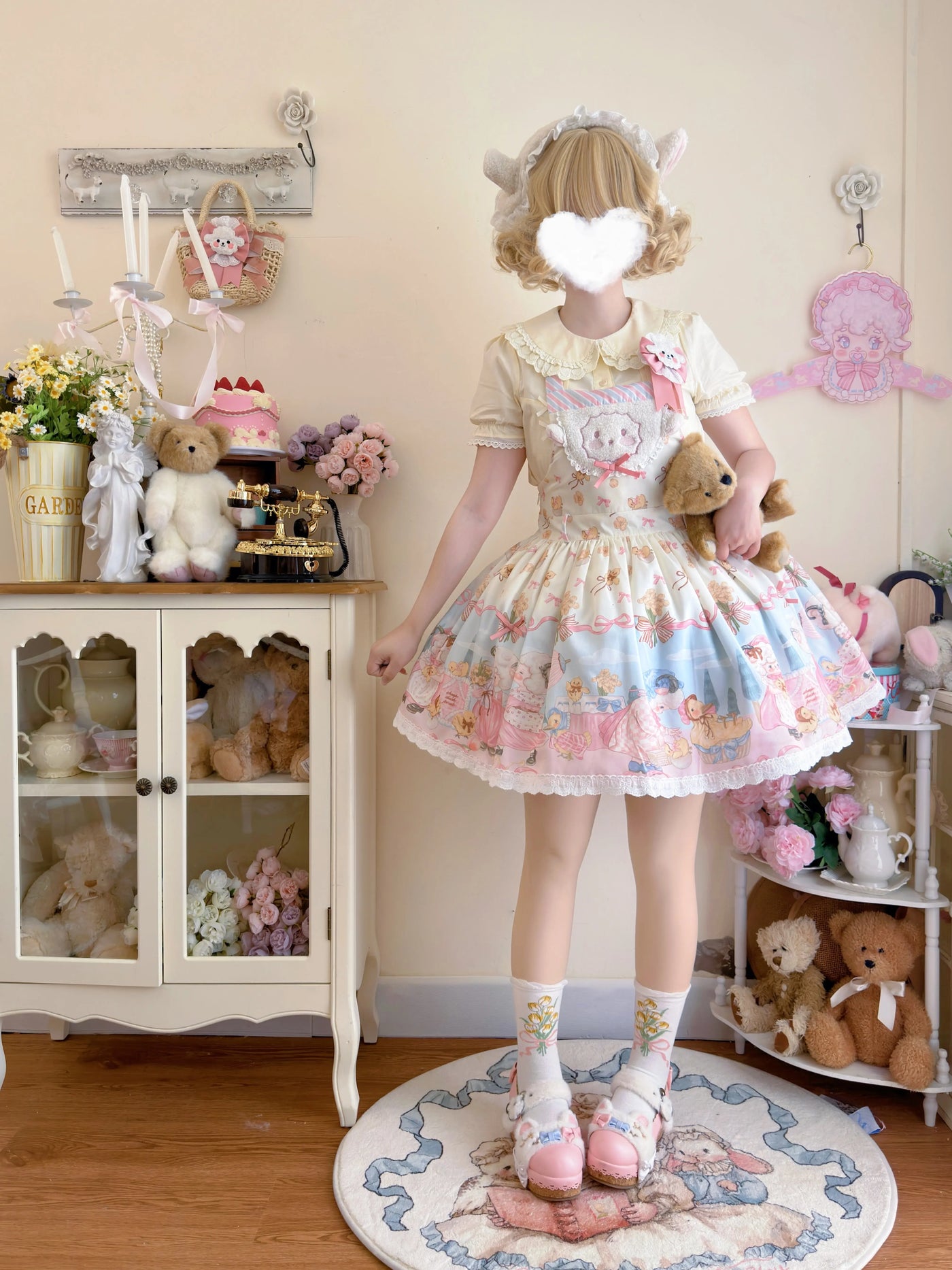 Cat Upon Cat - Sheep Waltz - Ecru Jumper Skirt with a Sheep Appliqué