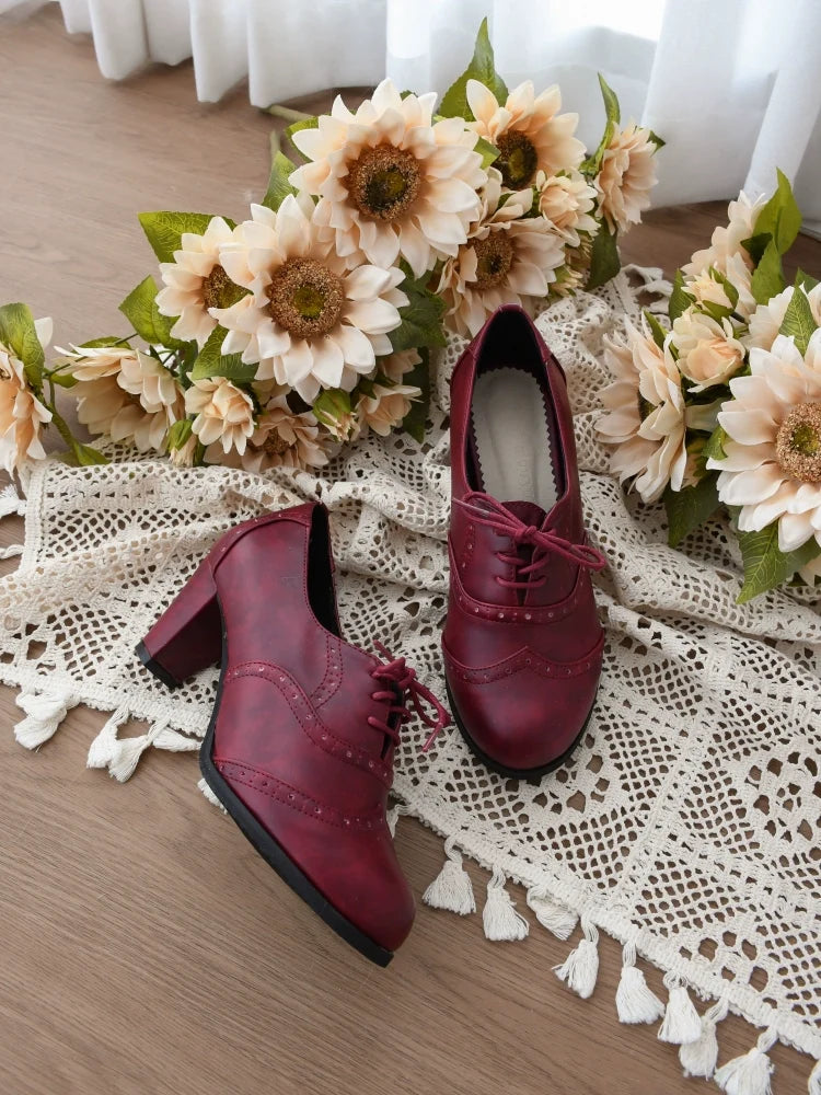 Sentaro - Retro Lolita Heel Shoes Handmade - Perforated Strap Leather Shoes Shoes