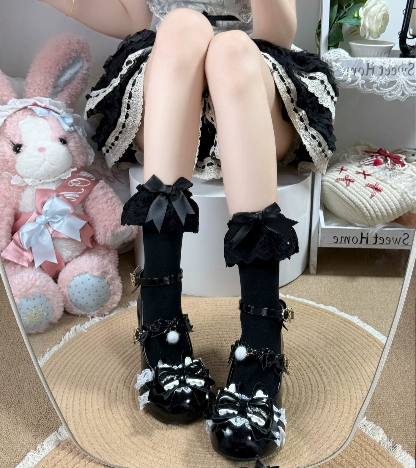 Fantasy Doll - Lace Bow - Cotton mid-calf socks with scalloped lace cuffs.