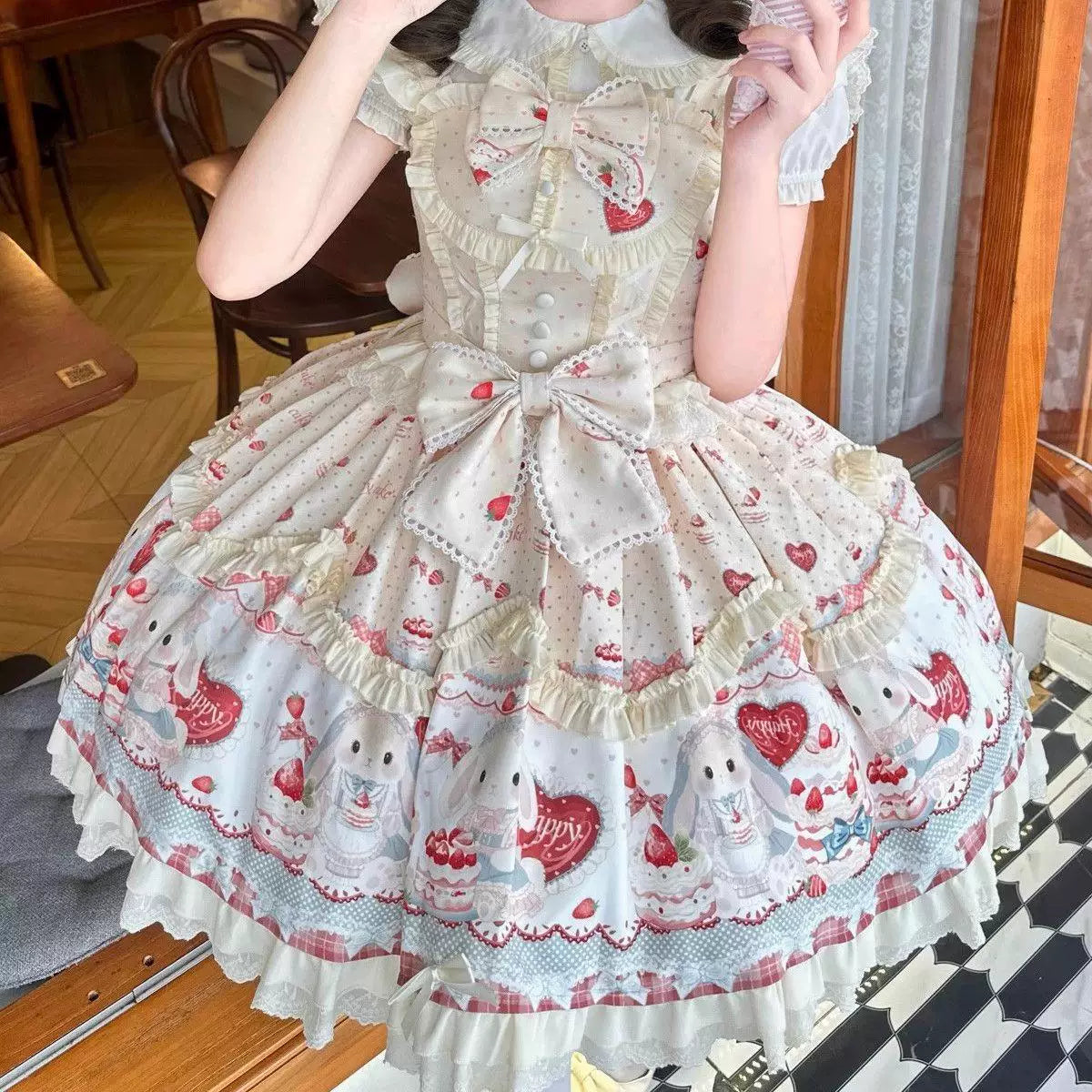 Sweetheart Dream Machine - Cute Rabbit Party - Rabbit-and-Cake Print JSK Dress with Cream Ruffles