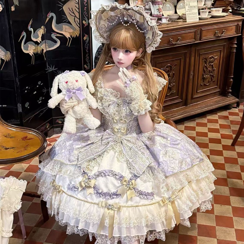 Green Sweet Lolita JSK with bell-shaped silhouette and frilled neckline, front view