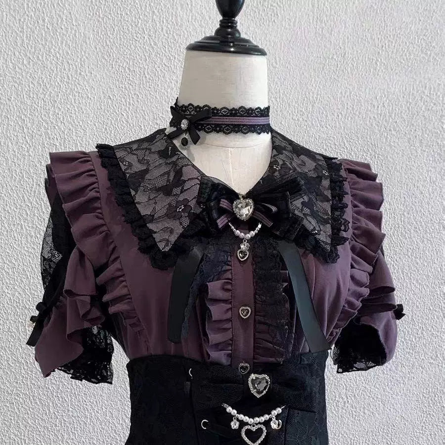 Sweetheart Dream Machine - Heart Button Ruffle - Blouse with a Ruffled Collar