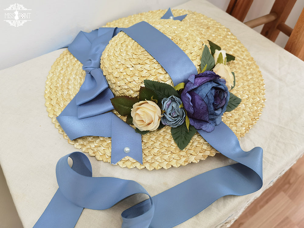 Lilyka Garden - Classic Lolita Headdress and Necklace Brooch Bow Trailing Wide-Brim Hat - Blue Bow