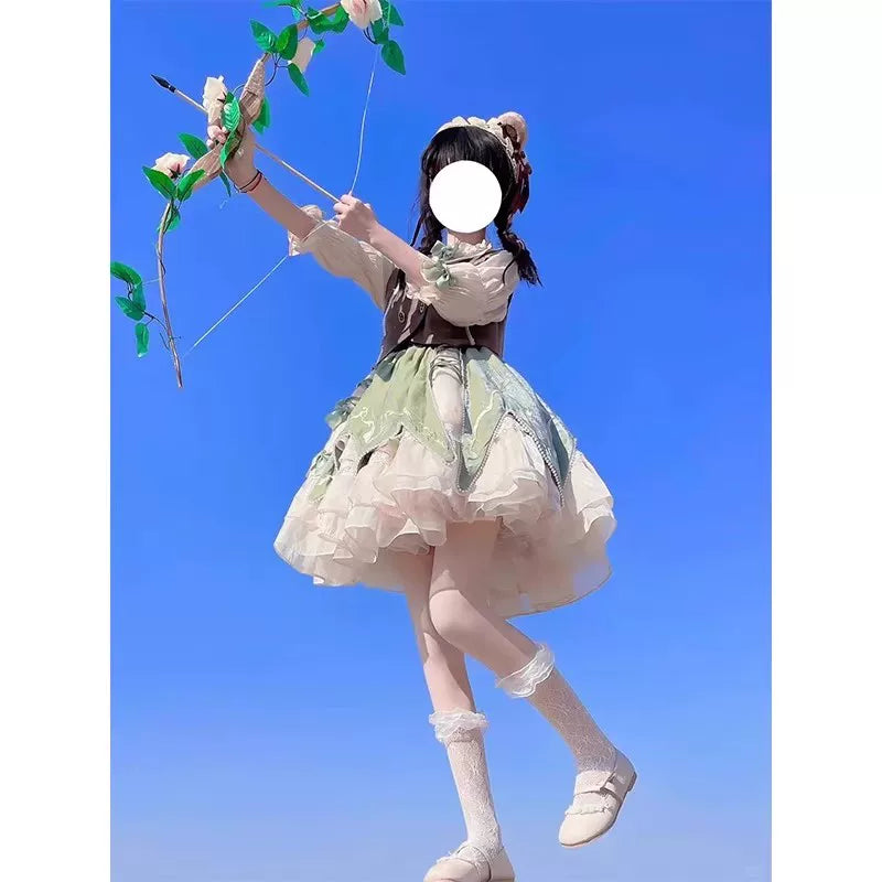 Creamy - Green Countryside - Vest, Shirt and Short Skirt Set with Layered Ruffles