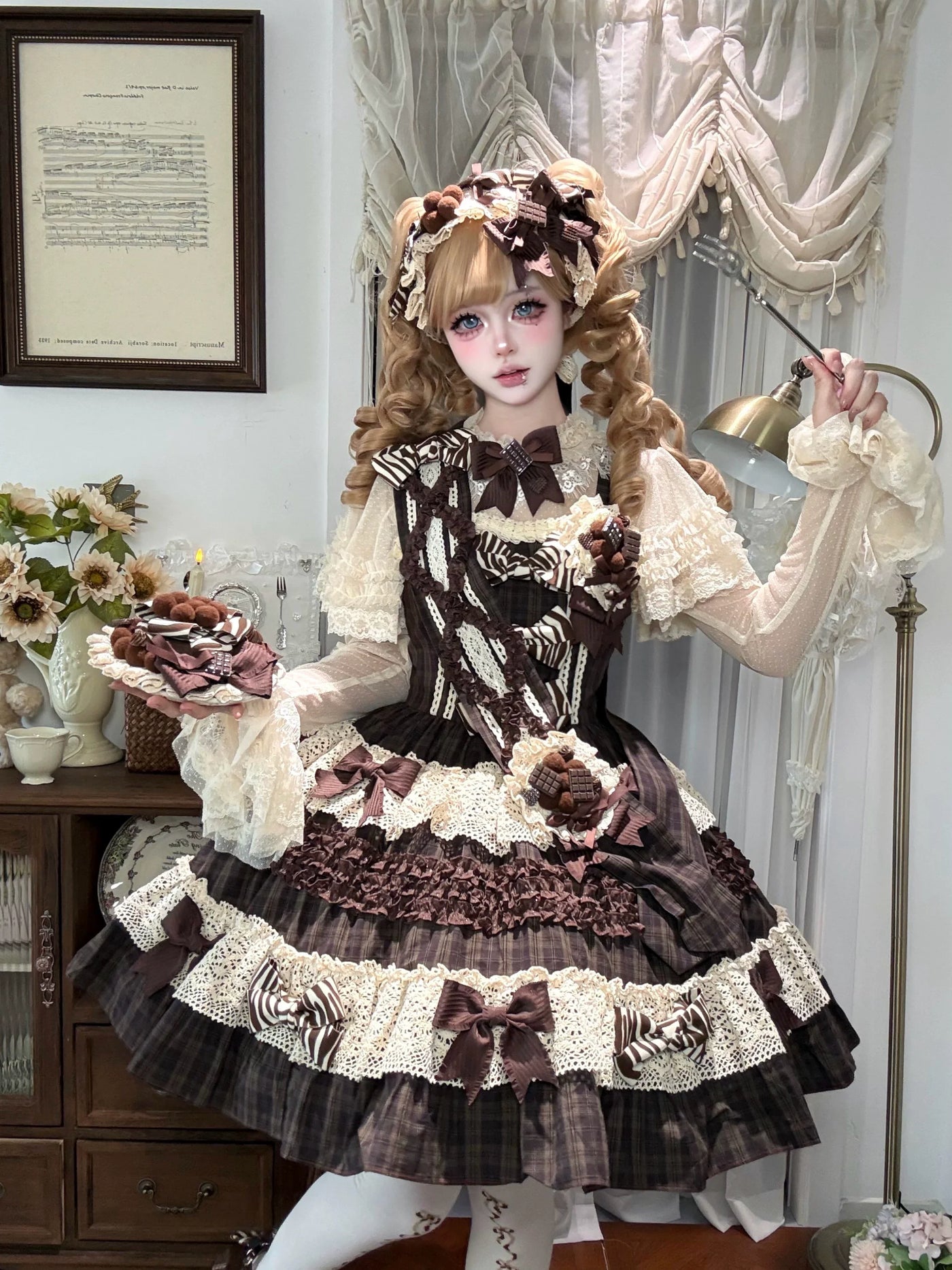 Eye Of White Crow - Chocolate Plaid - Kawaii Lolita JSK dress with layered ruffles - product detail 8