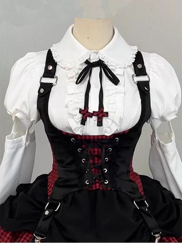 Creamy - Black-Red Idol - Multi-Piece Outfit Set with Gingham Ruffle Layers