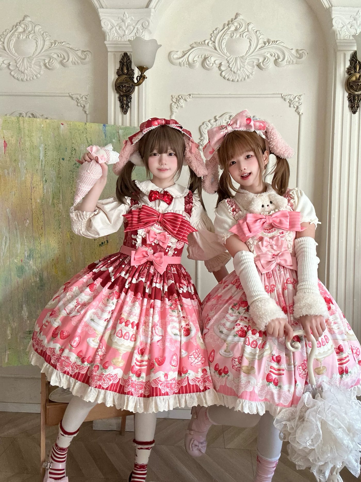 Pink Sweet Lolita strawberry cake print jumper skirt with satin bows and lace trim