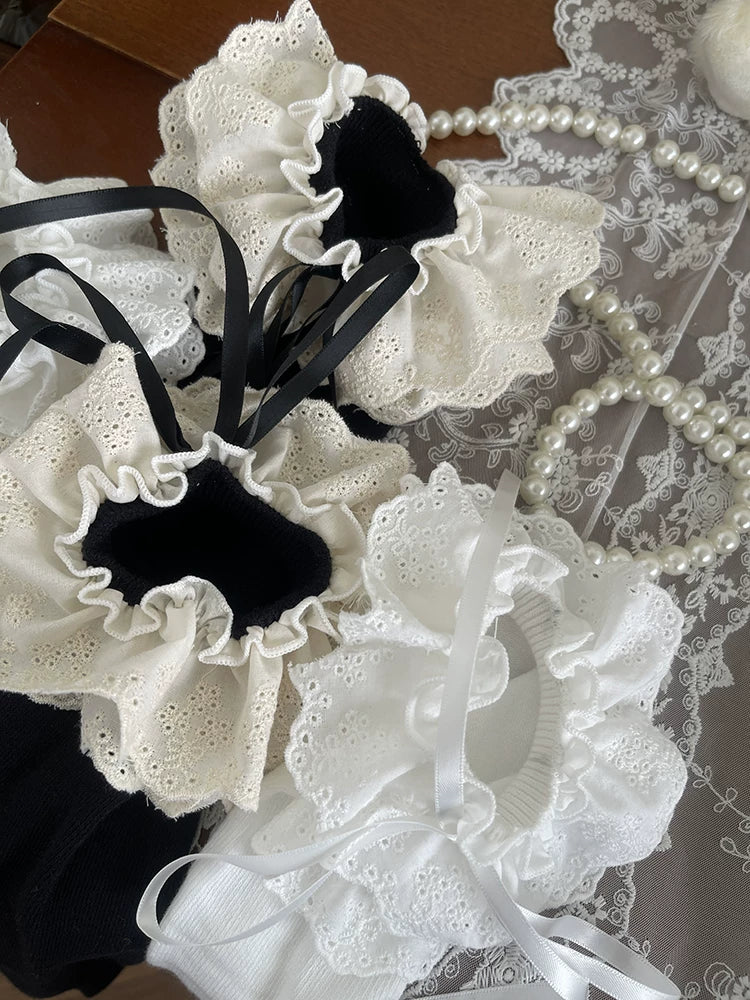 Sock Noble - Ribbon Lace Socks - White or Black Mid-Calf Socks with Layered Lace Bows