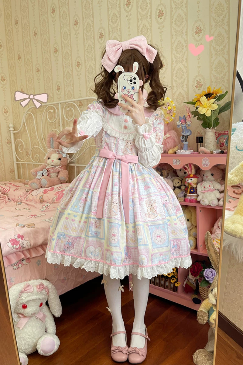 Sweet Bunny Bear Lolita Fetch dress featuring a cute, pastel-colored OP with bunny and bear motifs, perfect for adorable fashion styles.