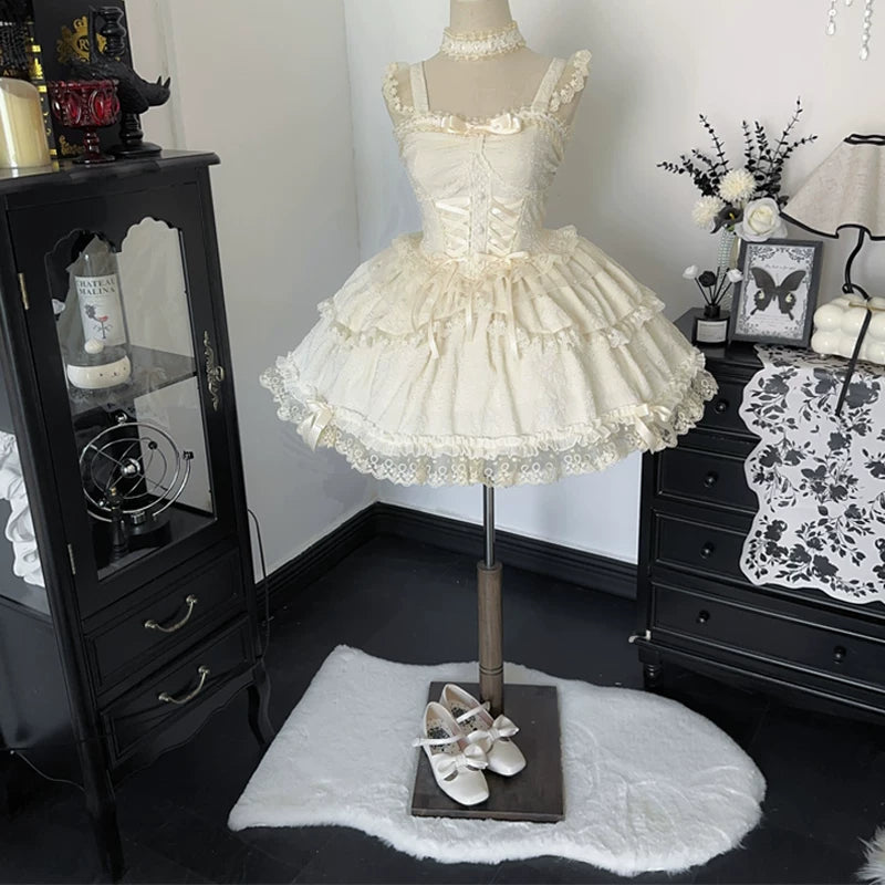 Lady Han Lolita Fufu Ballet bridal JSK dress with elegant floral details, white satin fabric, and delicate lace accents.